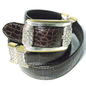 Brighton Ladies Leather Belt Silver Buckle 28" Reversible Brown Croc & Black